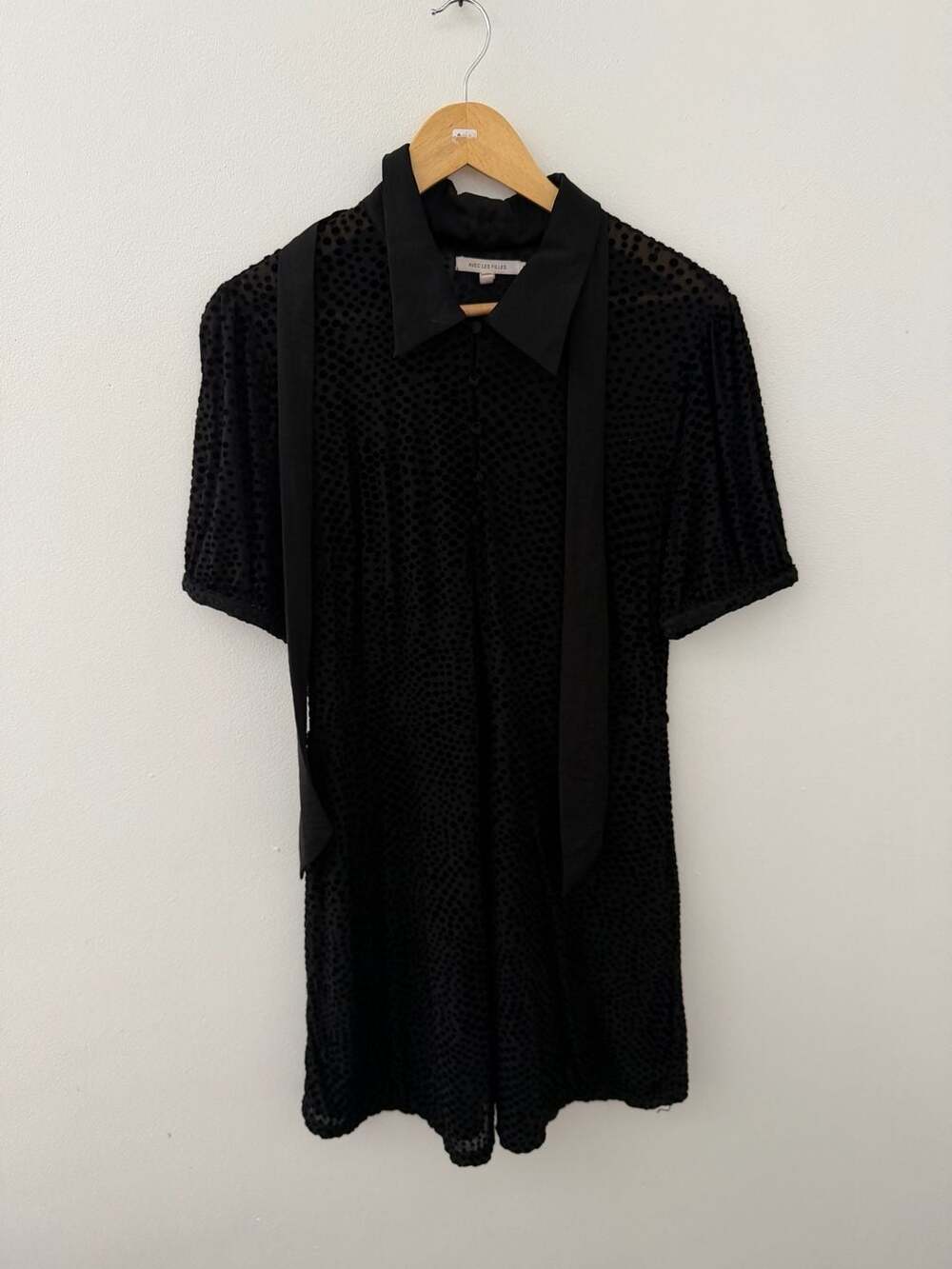 Avec Les Filles Black Velvet Polka Dot Collared Dress Size L